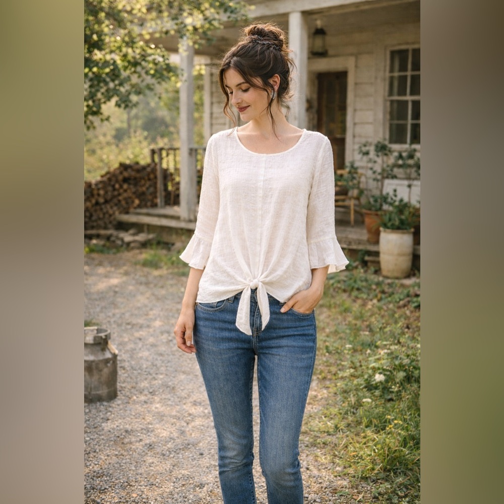 NWTS Alyx Off White Coquette Peasant Cottagecore Tie Hem Bell Sleeves Top Size L